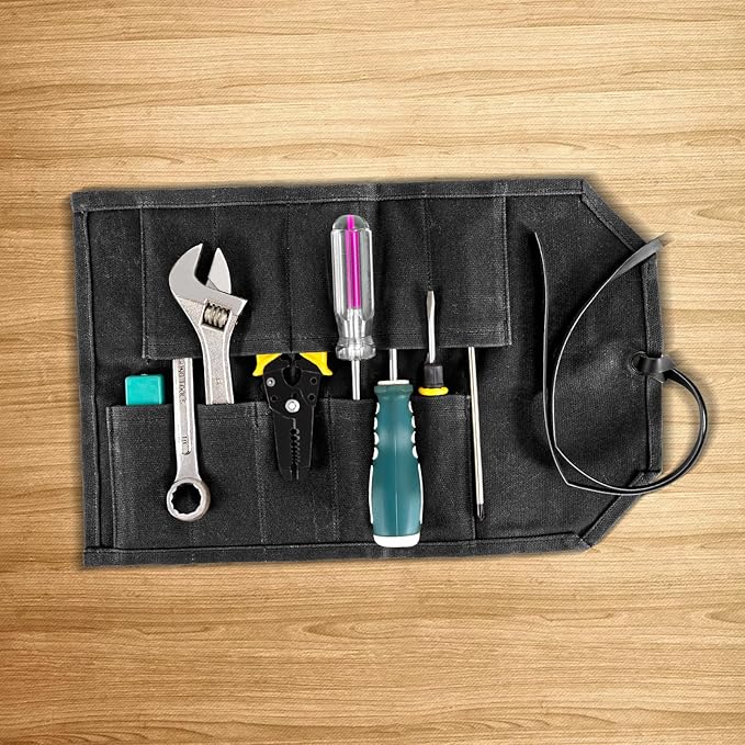 Tool Roll,10Slots Tool Roll Up Pouch,Heavy Duty Waxed Canvas Tool Roll Bag,Chisel Wrench Spanner Roll Tool Pouch with Leather Rope,Tool Roll Organizer for Mechanic Electrician Plumber Carpenter