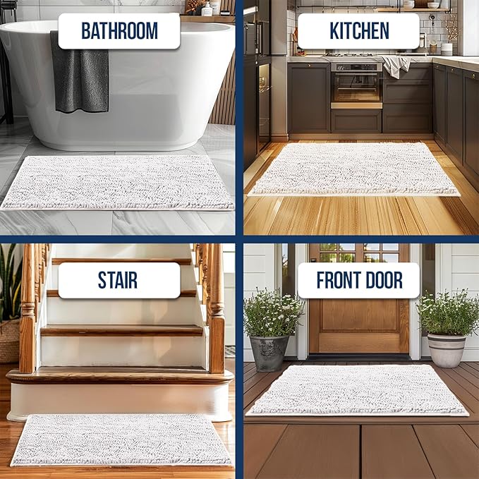 Muddy Mat Chenille Bathroom Rugs Quick Dry Microfiber Mats Non Slip Washable, Extra Thick, Soft and Highly Absorbent Bath Mats for Bathroom, Kitchen, and Shower Floor - White Medium 30"X19"