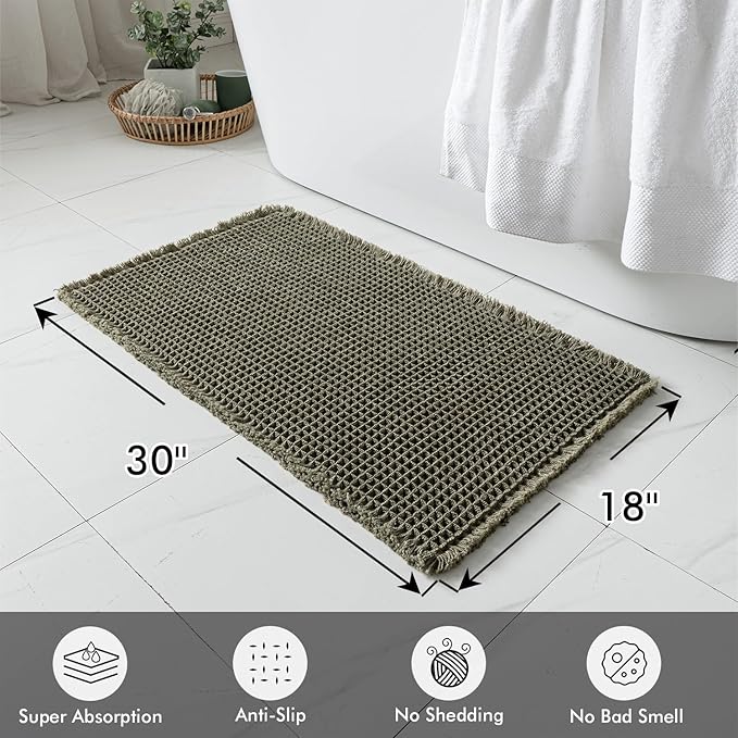 MIULEE Set of 2 Waffle Bathroom Rugs, Super Absorbent Non Slip Bath Rugs, Washable Bath Mats with Tassels, Ultra Soft Rubber Backed Shower Mats for Bathroom Floor, Tub, Green, 18x30 Inch
