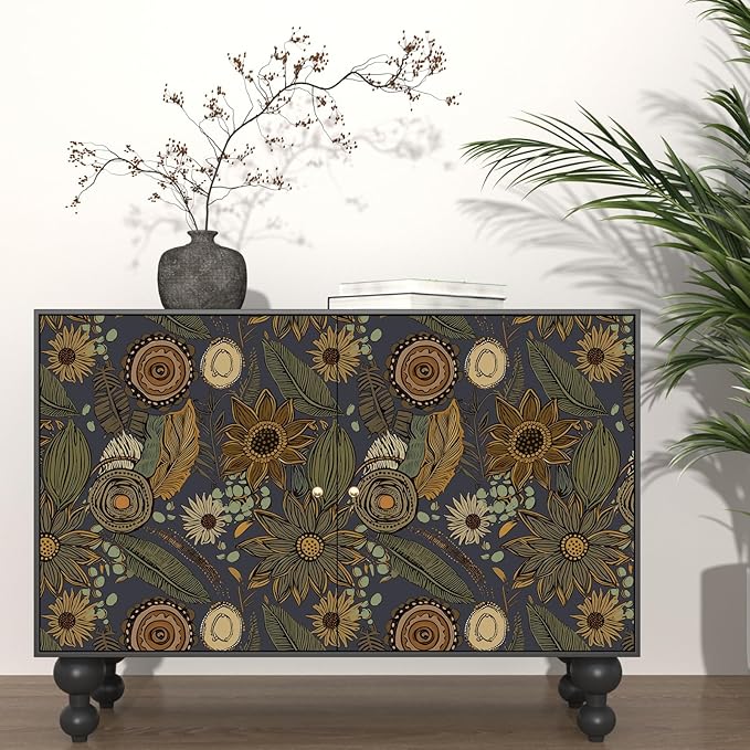 Boho Wallpaper Peel and Stick, Vintage Blue Yellow Floral Contact Paper 17.5" x