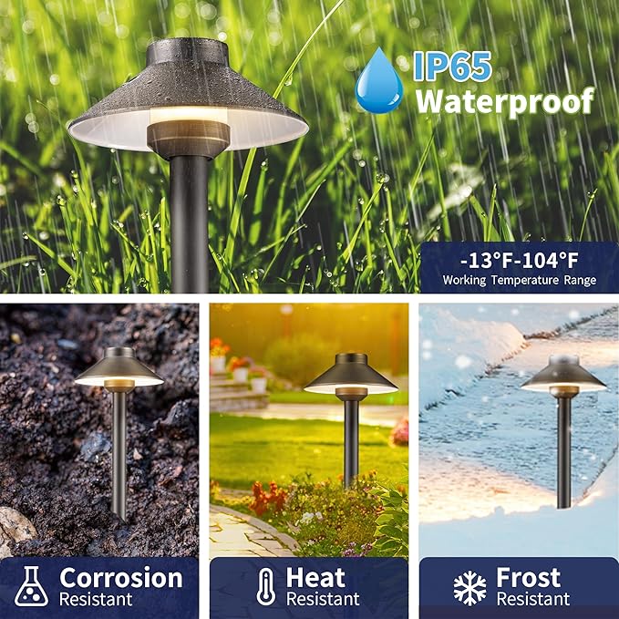 Solid Cast Brass Pathway Light - 12v Landscape Pathlights Outdoor Waterproof, Electric Path Lights Wired, Hat Shape Antique Bronze for Garden Decorations G4 Bulb Not Included (12 Pack)
