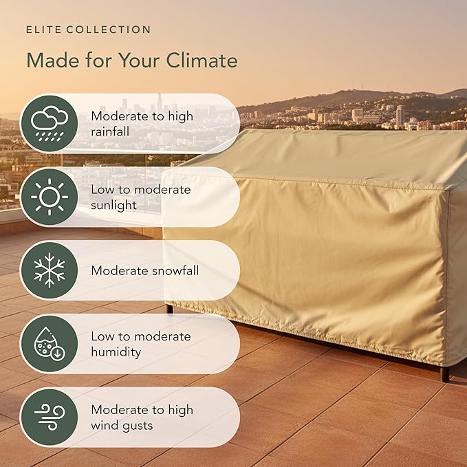 Covermates Elite Outdoor Patio Sofa Cover – Water-Resistant 300D Polyester, Double-Stitched Seams, Elastic Hem, Auto-Locking Drawcord & Mesh Vent for Moderate Weather, 94W x 40D x 40H, Khaki