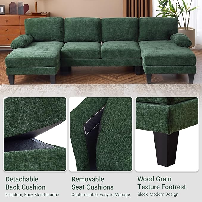 VINGLI 110" Sectional Couches for Living Room,U Shaped Couch with Double Chaise, 4-Seat Sofa Set with Chenille Fabric for Home Furniture,Forest Green