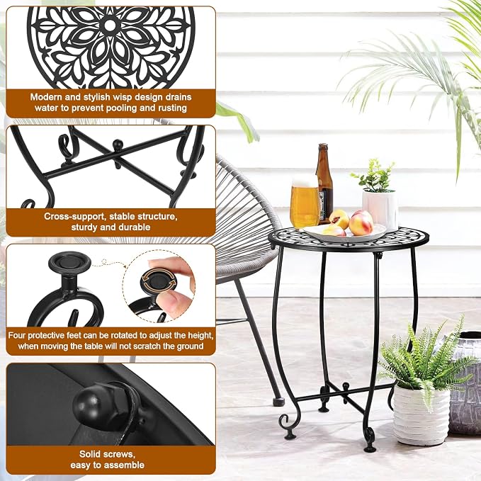 14 Inch Outdoor Metal Side Table, Patio Side Table Weather Resistant Metal Side Table, Small Round Outdoor End Table Plant Stands Table Outside for Patio Yard Balcony Garden Black (Color5-Leaf)