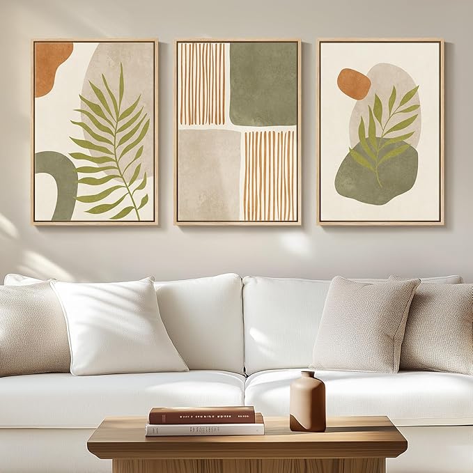 Framed Mid Century Modern Boho Wall Art Bedroom, 3 Piece Tropical Sage Green
