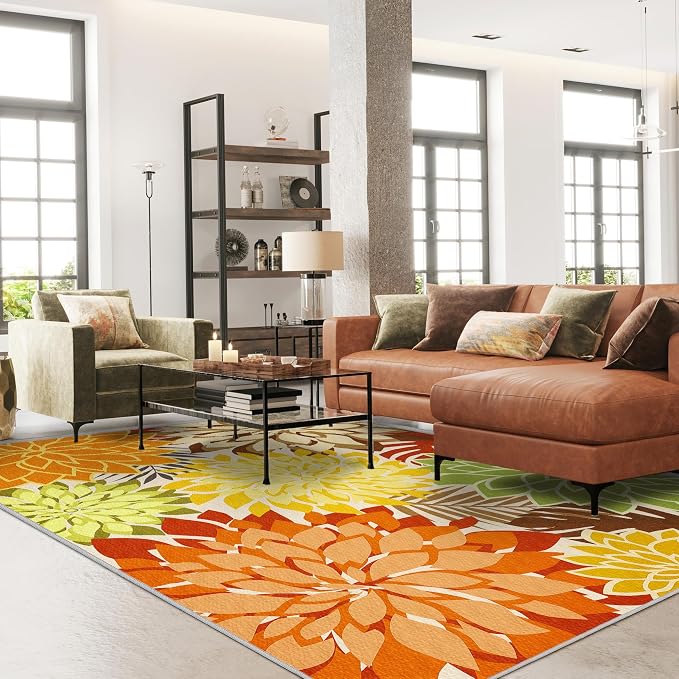Colorful 6x9 Outdoor Area Rug Washable Multicolored Patio Rug Tropical Botanical Floral Chenille Waterproof Outdoor Carpet Non-Slip for Patio, Deck, Backyard, Porch, Orange