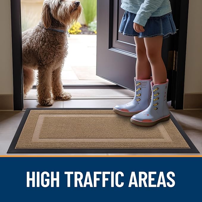 OLANLY Front Door Mat Indoor Outdoor Entrance, Waterproof All-Season, All-Weather Doormat, Sturdy Natural Rubber, Fade Resistant, Low Profile, Easy Clean Patio Porch Entryway Mat, 35x23, Light Borwn