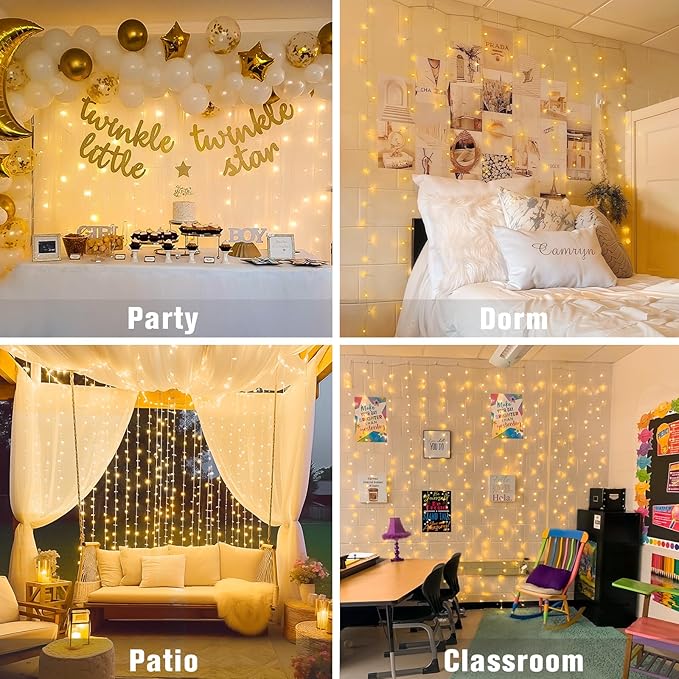 JMEXSUSS 300 LED Remote Control Curtain Lights, Plug in Fairy Curtain Lights Outdoor, Window Wall Hanging String Lights for Bedroom Backdrop Wedding Party Indoor Christmas Patio Dorm Decor, Warm White