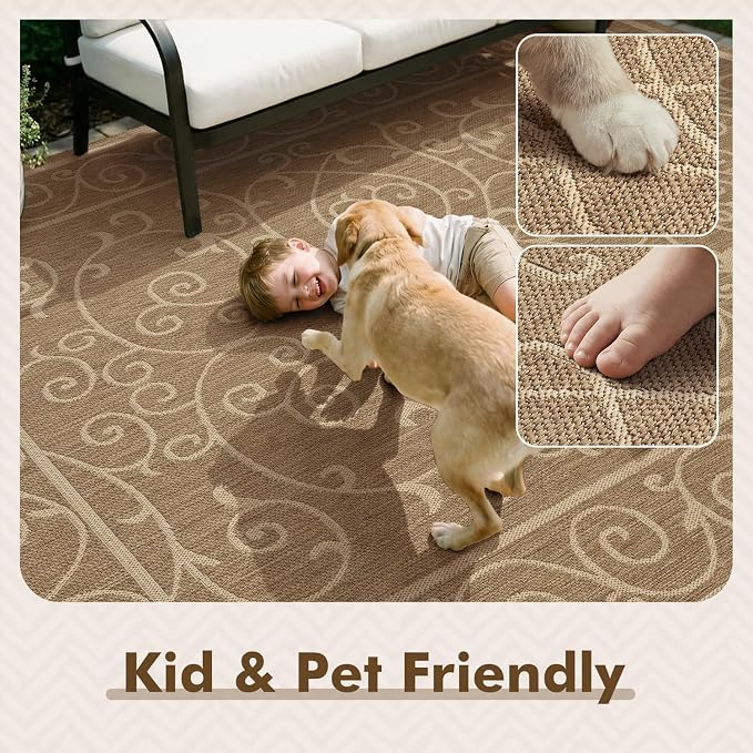 MontVoo-Outdoor Rug-Patio Rug 5x7 ft Polypropylene Indoor Outdoor Rugs Outdoor Carpet for Patio Deck Balcony Porch, Textured Weave, Durable for High Traffic, Fade-Resistant, Vintage Neutral Brown