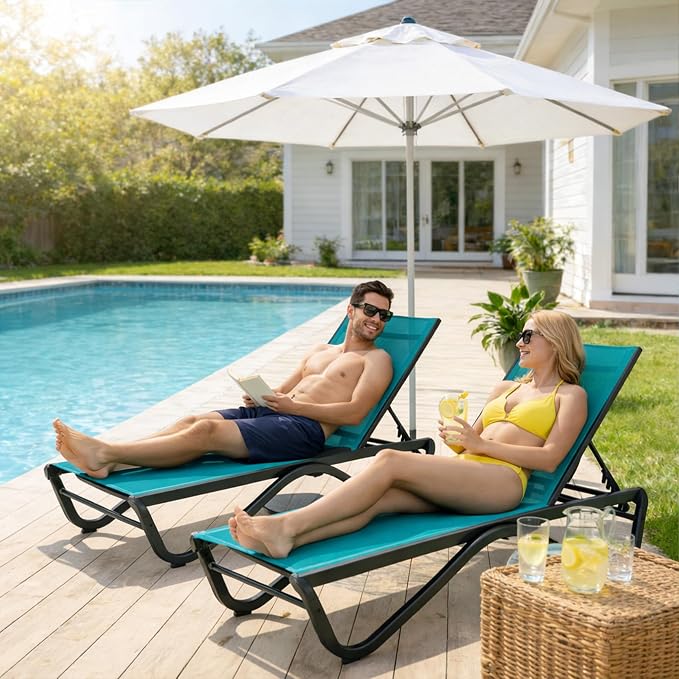 Kozyard Outdoor Chaise Lounge Chair, All Aluminum Frame and Textilene Fabric, Fully Flat Adjustable Reclining Patio Lounger for Poolside, Sunbathing & Backyard, (Aqua)