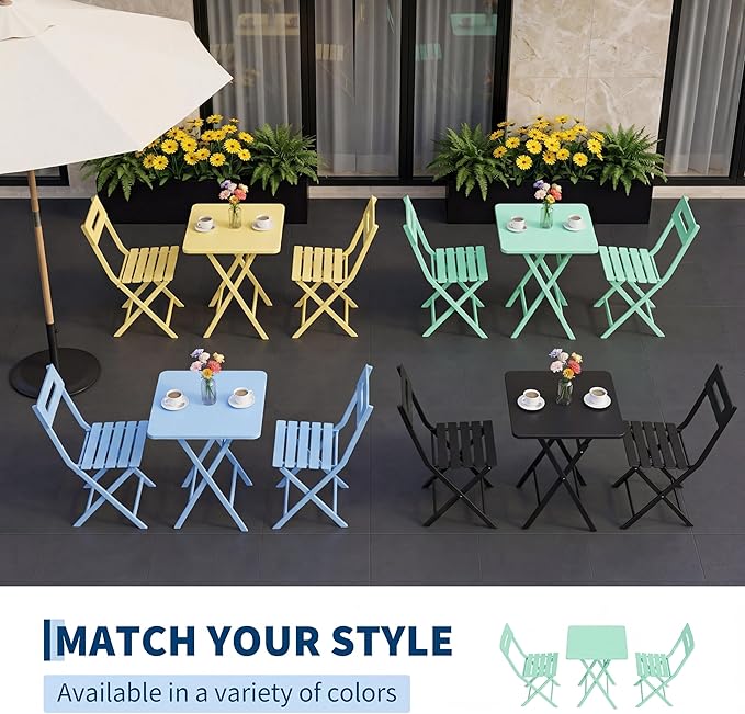GarveeTech 3-Piece Folding Bistro Set, Heavy Duty Outdoor Patio Furniture with 2 Chairs & 1 Table, Weather-Resistant Steel Frame, No Assembly Required for Garden, Yard, Balcony,Green