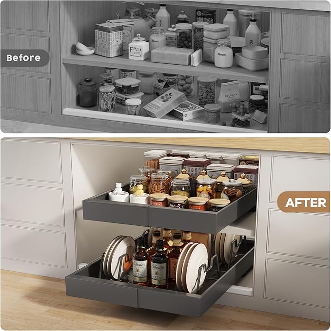 4 Pack Pull Out Cabinet Organizer 21" Deep with Raising Pad for Framed Cabinets, Expandable (9"-14" W) Slide Out Drawers for Kitchen Cabinets with 4pcs Divider Racks, Roll Out Shelves, Black