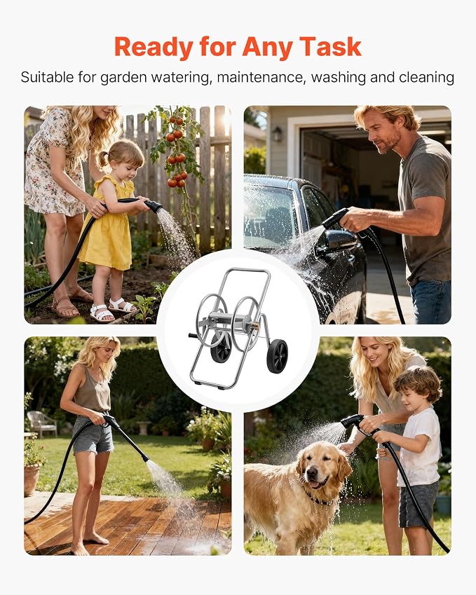 VEVOR Hose Reel Cart, 200/300 ft High-Pressure Garden Hose Cart, Hoses Reel Carts with Two Wheels, Handle & Heavy-Duty Mesh Storage Basket, Portable Hoses Reels for Garden Watering, Car Washing