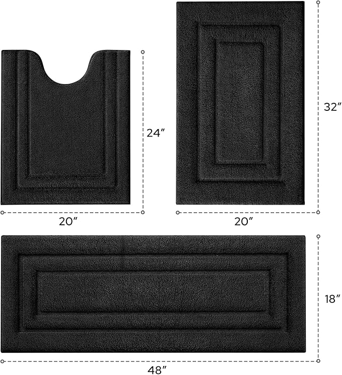 HOMEIDEAS Bathroom Rugs Sets 3 Piece, Microfiber Shaggy Bath Mat Set, Non-Slip Ultra Soft Carpet Mats, Large Rugs with U-Shaped Toilet for Bathroom, Tub, Shower, Black