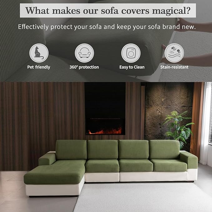 OHSIO Sectional Couch Covers, Wear Resistant Stretch Sofa Covers Washable Soft Couch Cushion Covers Anti Slip Furniture Protector Sofa Slipcovers for Pets (1 Piece Large Cover, Green)