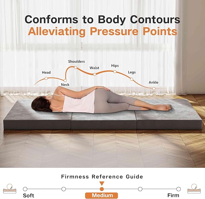 Tri-Fold Memory Foam Mattress, 6 inch Twin Folding Mattress with Washable Covers, Reversible Design, Foldable Mattress Topper for Travel&Guests 75"x38"x6"