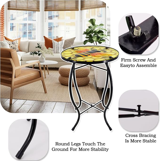 Bee Patio Side Table, Small Patio Outdoor Side Table, Plant Table,Metal Glass End Table for Porch Garden Yard Pool.
