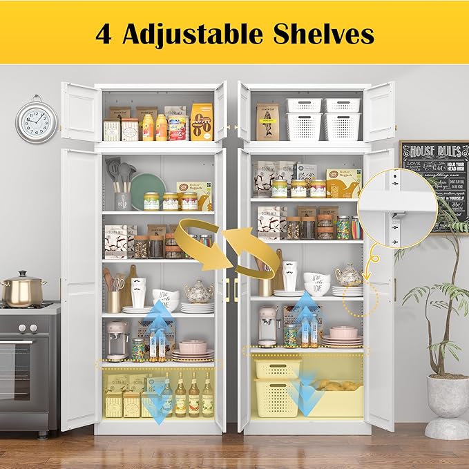 Steeloong86“ Kitchen Pantry Cabinet,Metal Storage Cabinets with Doors and 4 Adjustable Shelves,White Kitchen Cabinet with 4 Gold Handles,Tall Cabinet for Livingroom,Pantry, Bathroom