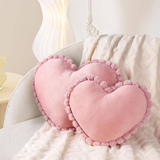 AELS Heart Shaped Pillow, Set of 2, Velvet Throw Pillows, Soft Velvet Love Pillows with Faux Fur Pom Poms, 20 & 16 Inches, Cute Valentines Day Decorations, Wedding Decor, Pink