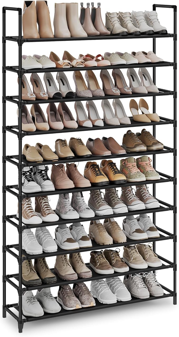SONGMICS Shoe Rack, 10-Tier Shoe Shelf, Shoe Storage Organizer, 11 x 37 x 68.9 Inches, Metal Frame, Non-Woven Fabric Shelves, for Entryway, Bedroom, Black ULSH11H
