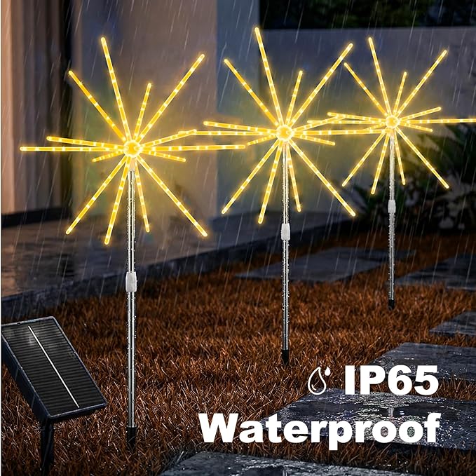 CCILAND 3 Pack Solar Firework Lights Outdoor, 336 LEDs Solar Starburst Garden Lights with Timer 8 Modes, Waterproof Decorative Lights for Yard Patio Walkway Pathway Party Wedding (Warm White)
