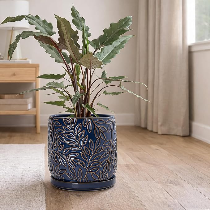 D'vine Dev 8 Inch Embossed Leaves Stoneware Planter Pot with Drainage Hole and Saucer, Midnight Blue, 27-A-Q-3