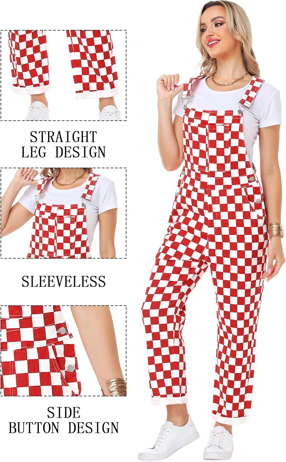 Skiennix Women's Checkered Bib Overalls - Comfortable Cotton Denim Jumpsuit in Stylish Design