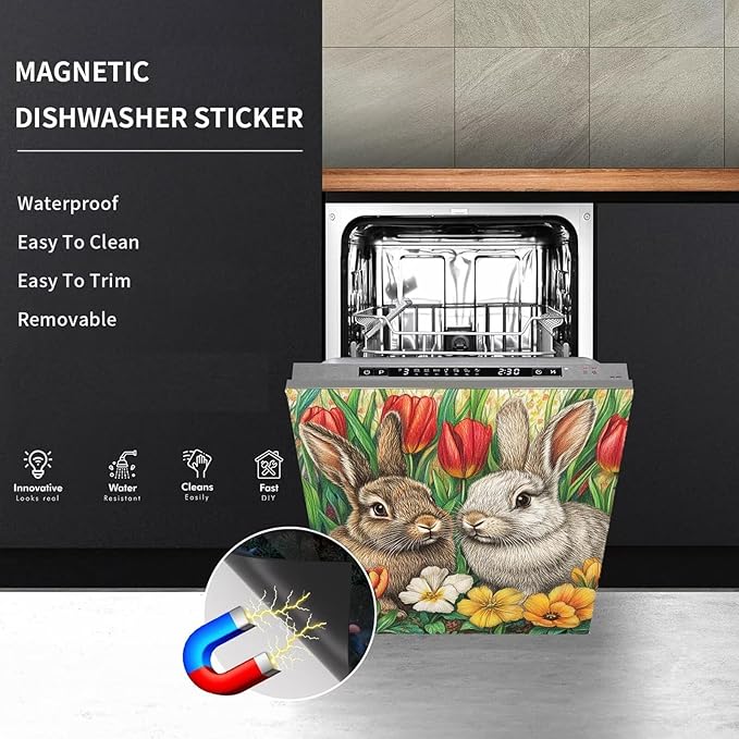 Two Rabbits Dishwasher Panel Decal Magnetic Cover Spring Colorful Flowers Home Appliance Decoration, Easter Bunny Dishwasher Magnet Full Door Cover, Easy Update (23" x 26" Magnetic)