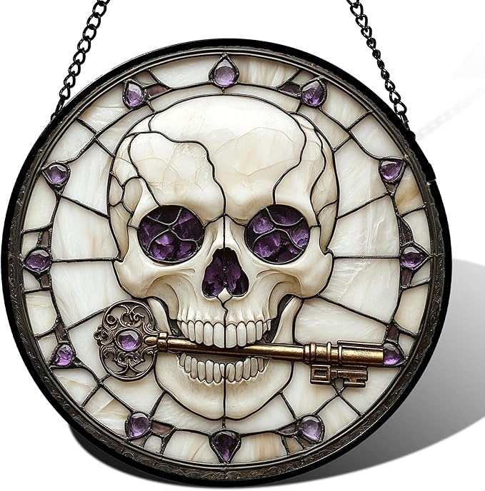 Stained Glass Window Hanging - Halloween Scary Skull Suncatcher for Doors Garden Home Spooky Purple Skeleton Key Sun Catchers Gothic Decor Horror Gifts for Women Men Friend Boy Girl 15 in