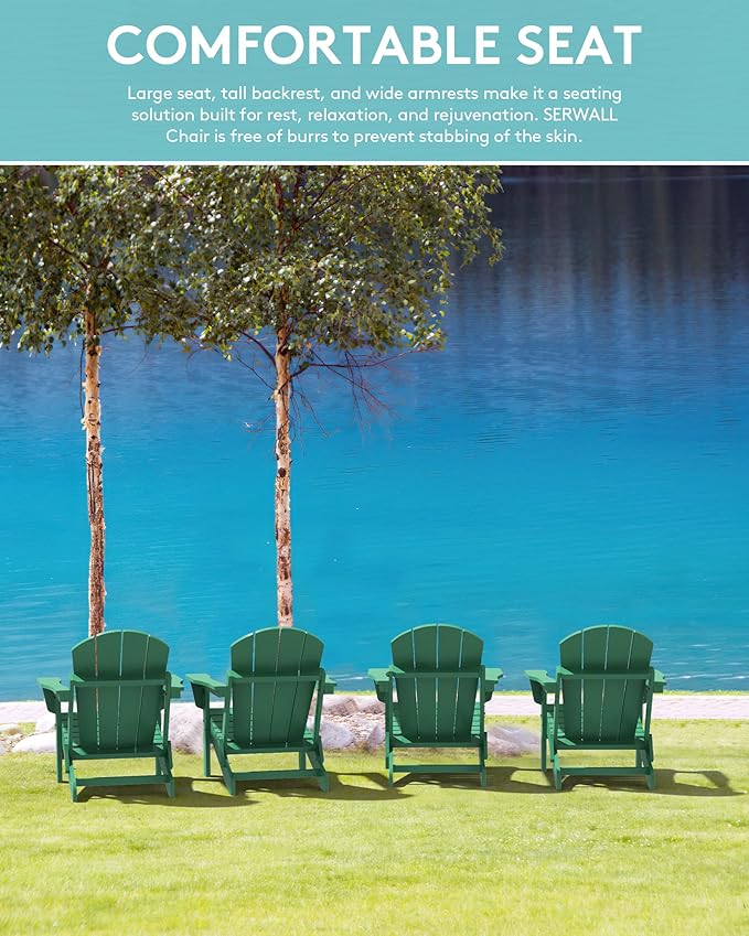SERWALL Folding Adirondack Chair Outdoor Adirondack Chairs with Cup Holder Weather Resistant Patio Chair Weather Resistant for Patio Deck Garden, Backyard Deck, Fire Pit - Green