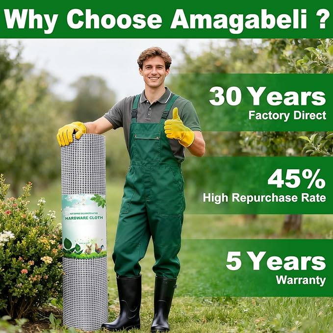 Amagabeli Galvanized Hardware Cloth 1/4 inch 48inx50ft 23 Gauge Chicken Wire Fence Welded Wire Mesh Roll Plant Supports Poultry Netting Garden Bed Animal Cage Snake Rabbit Gopher Rodent Proof