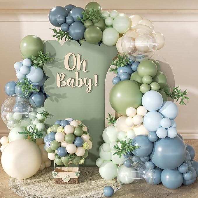 Dusty Blue Sage Green Balloon Arch Kit 139Pcs Fog Blue Pastel Green White Sand Balloons for Baby Shower Birthday Jungle Safari One Silly Goose Theme Wedding Bride Party Decorations for Boy Girl Adult