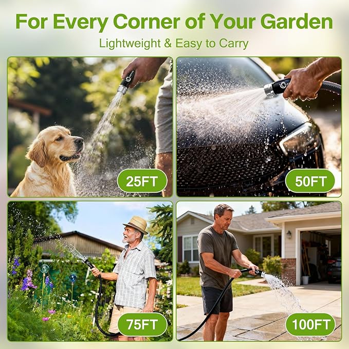 Garden Hose 25 ft x 5/8 in, Ultra-Light, All-Weather Water Hose, Leak-Free Connections,High Pressure Abrasion-Resistant Eco-Friendly, Black