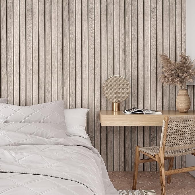 VEELIKE Rustic Grey Oak Wood Slat Wallpaper Peel and Stick Faux Wood Panel Wall