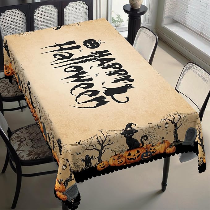 Eikione Rectangular Tablecloth 140x180inch, Halloween Pumpkin Bat Tablecloth Waterproof and Wrinkle-Free, Table Covers, Summer Decorations for Home Dining