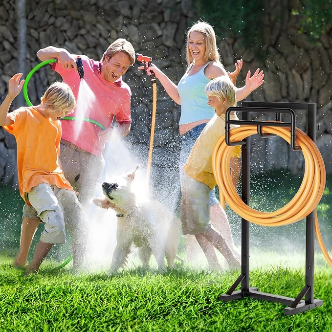 Garden Hose Holder with Stable Base and Tool Hooks, GAVISCITY Heavy-Duty Metal Hose Hanger Garden Hose Storage Holds 151Ft Hose, Rustproof Freestanding Water Hose Holder for Outside, Yard, Lawn, Black