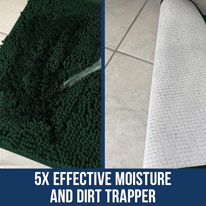 Muddy Mat Chenille Bathroom Rugs Quick Dry Microfiber Mats Non Slip Washable, Extra Thick, Soft and Highly Absorbent Bath Mats for Bathroom, Kitchen, and Shower Floor - Dark Green XL 59"X35"