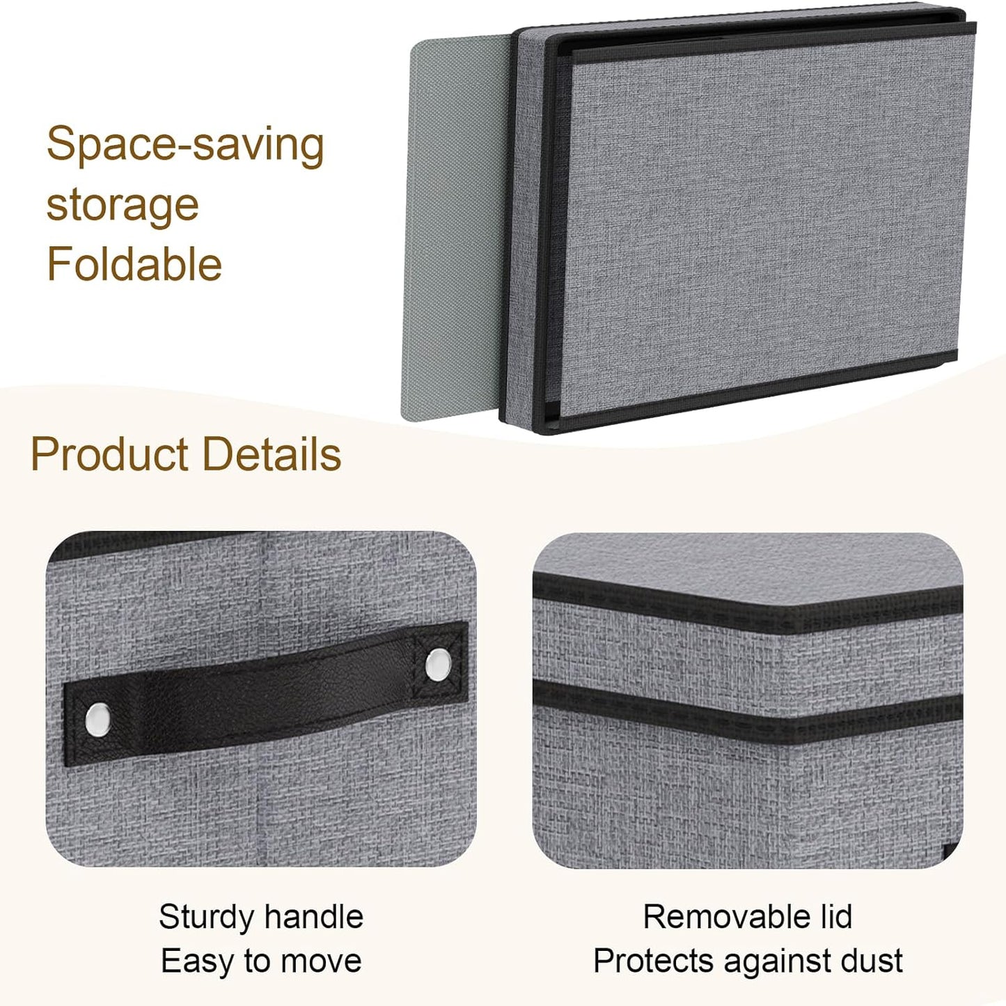 Clothing Storage Bins, Blanket Baskets for Shelves, Fabric Cubes with Handles and Lids, Decorative Linen Closet Organizers Boxes, Gray, 3 Pack, 16.5 x 11.8 x 10.2 Inch