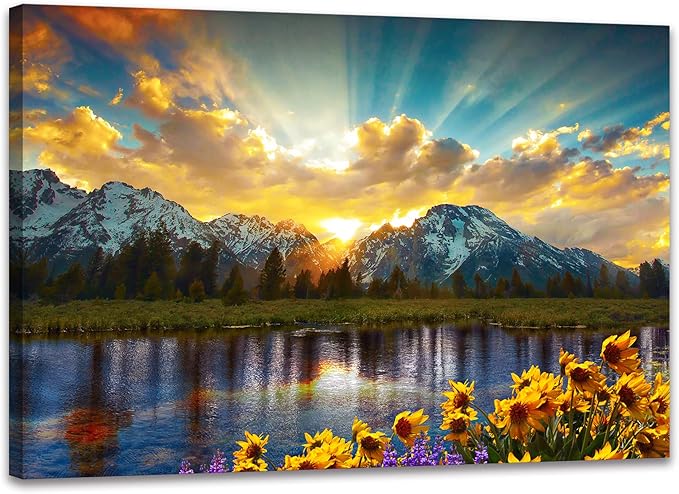 SKASNFAI Grand Teton National Park Wall Art Sunflower Landscape Canvas Mountain Artwork Landscape Print for Living Room Framed (24x36 inch)