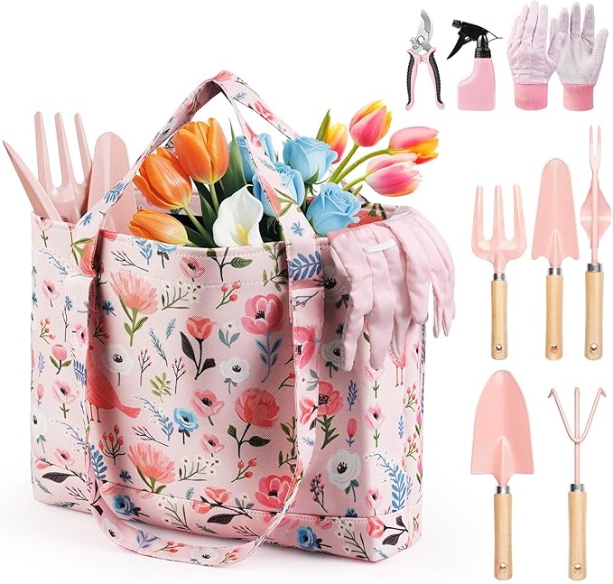 Grenebo Gardening Tools, 10-Piece Gardening Gift Set for Women, Rust-Proof & Heavy-Duty Tools with Floral Organizer Bag, Fashionable & Thoughtful Gift for Garden Women (Pink Red)