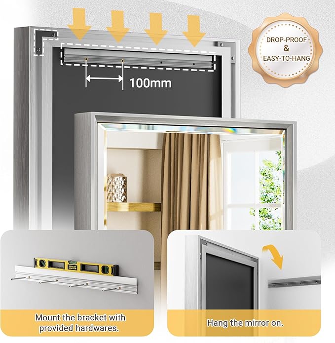 Silver Bathroom Mirror, Rustproof Rectangle Silver Framed Mirror