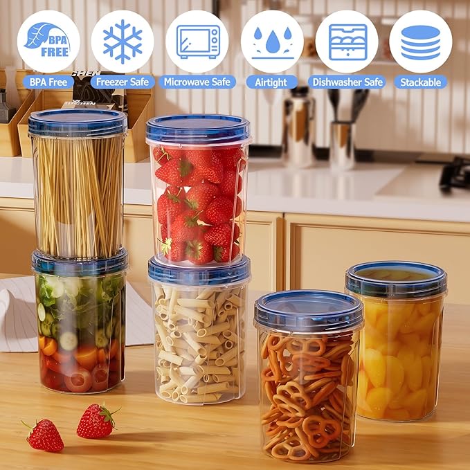 Freezer Storage Containers, Food Storage Containers with Leakproof Twist Top Lids, Stackable Plastic Containers with Lids, Reusable Soup Containers for Meal Prep, Lunch, Leftovers [6 Pack-32 OZ]