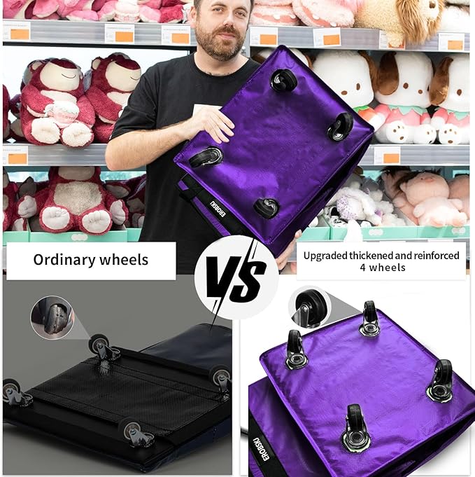 (Medium,Violet) Reusable Grocery Bag on Wheels, 70L Foldable Rolling Tote, Carries Up to 66 lbs Shopping Trolley, Zipper Clouser Shopping Carts for Trips, Laundry, 4 Heavy Duty Wheels and 3 Handles | Bag on Wheels, Foldable