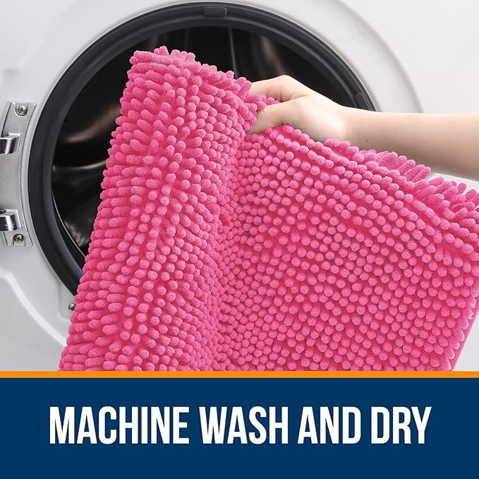OLANLY Bathroom Rugs 47x17, Extra Soft Absorbent Chenille Bath Rugs, Rubber Backing Quick Dry, Machine Washable Bath Mats for Bathroom Floor, Tub and Shower, Home Decor Accessories, Hot Pink