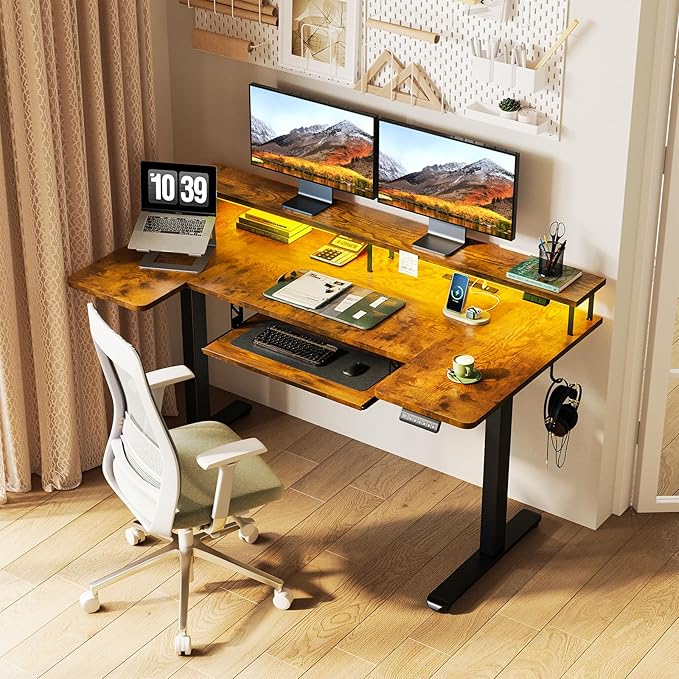 OffiGo U Shaped Electric Standing Desk with Keyboard Tray, 55 Inch Height Adjustable Desk with Power Outlets & LED Lights, Sit Stand Table with Monitor Stand for Home, Office, Rustic Brown