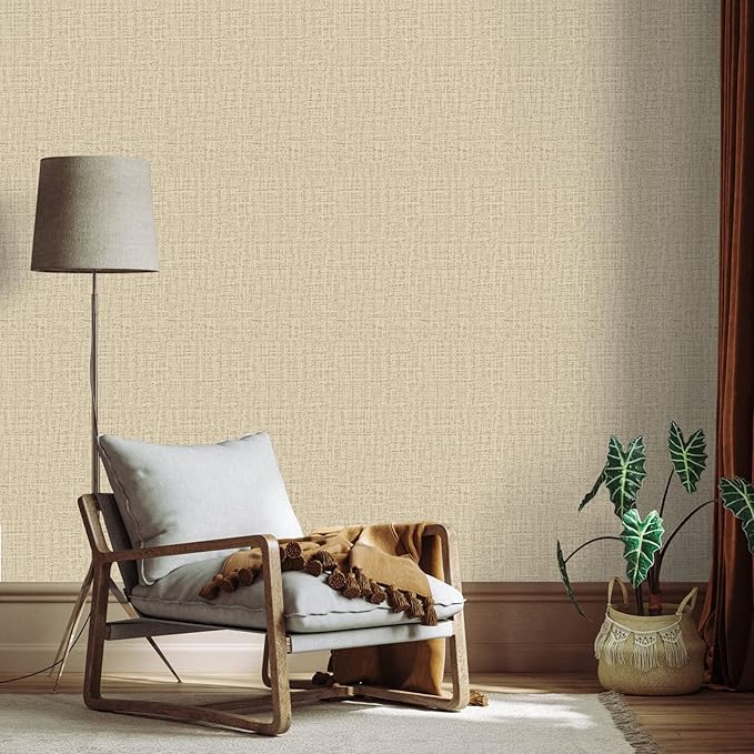 TANONE Khaki Contact Paper Peel and Stick Wallpaper, Grasscloth Beige Wallpaper