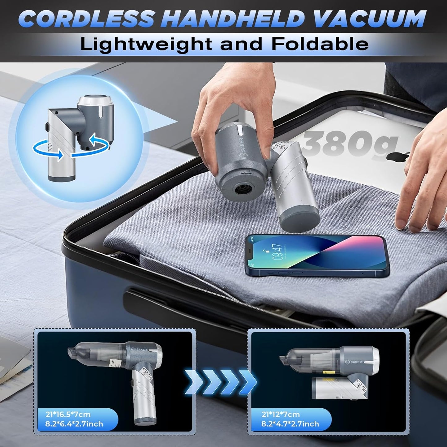 Saker Car Vacuum Cleaner 17000PA Foldable 3 in 1 Mini Handheld Vacuums Portable Cordless with Brushless Motor for Hair,Cars,Bedrooms,Offices Cleaning HL132 Silver