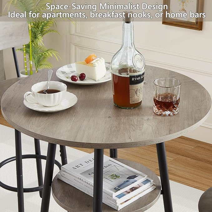 NicBex 3-Piece Bar Table and Chairs Set, Grey Pub Table and Chairs Set of 2 with Storage Shelf, Bistro Table with Stools for Small Spaces