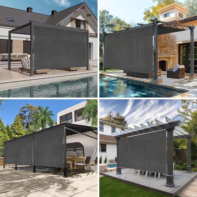 8'W x 8'H Gray Patio Shades Roll up Outdoor Roller Shade Crank Wand Blind