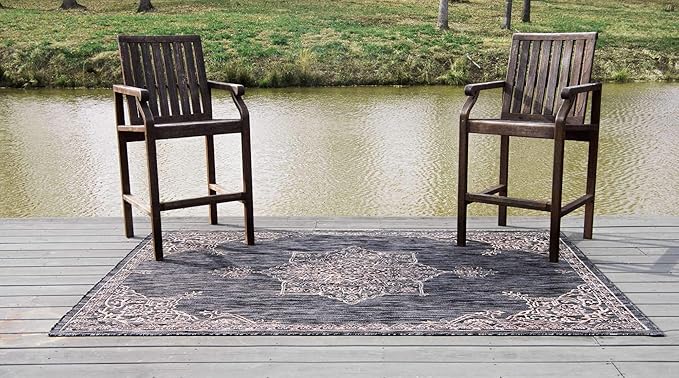 Unique Loom Outdoor Traditional Collection Area Rug - Antique (8' x 11' 4" Rectangle, Charcoal Gray/ Natural)